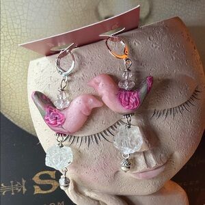 Pink clay Bird & raw quartz crystal Dangle Earrings